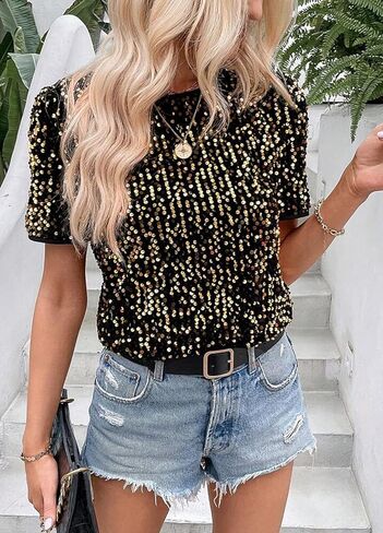 Women's Sparkle Sequins T Shirts Casual Short Sleeve Top Shimmer Going Out Rave Top Tee in Saudi Arabia