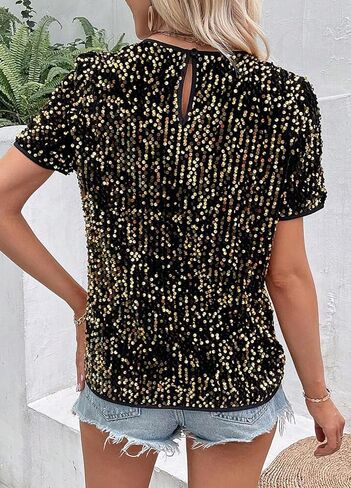 Women's Sparkle Sequins T Shirts Casual Short Sleeve Top Shimmer Going Out Rave Top Tee in Saudi Arabia