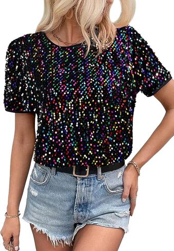 Women's Sparkle Sequins T Shirts Casual Short Sleeve Top Shimmer Going Out Rave Top Tee in Saudi Arabia