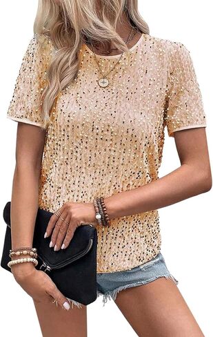 Women's Sparkle Sequins T Shirts Casual Short Sleeve Top Shimmer Going Out Rave Top Tee in Saudi Arabia