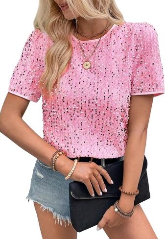Women's Sparkle Sequins T Shirts Casual Short Sleeve Top Shimmer Going Out Rave Top Tee in Saudi Arabia
