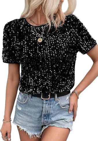 Women's Sparkle Sequins T Shirts Casual Short Sleeve Top Shimmer Going Out Rave Top Tee in Saudi Arabia