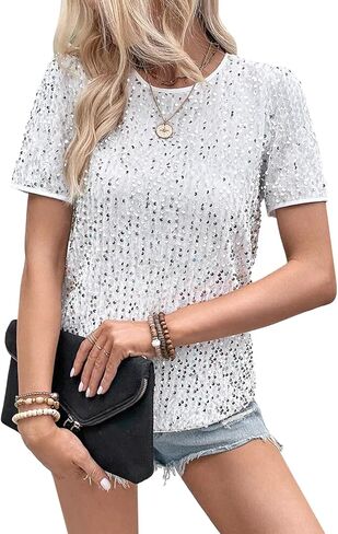 Women's Sparkle Sequins T Shirts Casual Short Sleeve Top Shimmer Going Out Rave Top Tee in Saudi Arabia