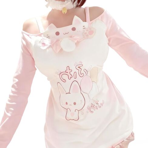Y2K Cutecore Kawaii Teen Shirt Women Off Shoulder Sweet Oversize Japan Cartoon Print Cute Tshirt Top Clothes in Saudi Arabia