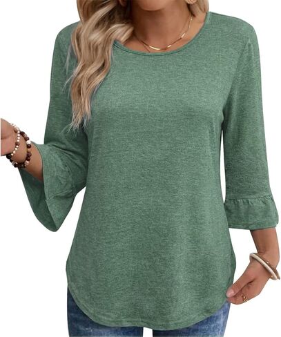 تي شيرت نسائي برقبة دائرية 3/4 كم تي شيرت مكشكش بقصة ضيقة أنيق عصري فضفاض قميص غير رسمي للربيع/الصيف قميص أساسي in Kuwait