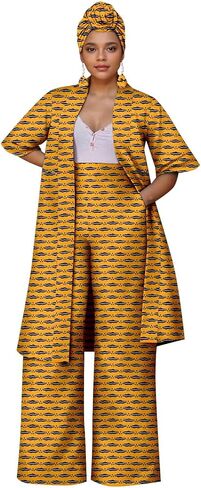 طقم بدلة أفريقي للنساء مكون من قطعتين، جاكيت وسروال بطبعة أنقرة التقليدية مع غطاء للرأس وأقراط in Kuwait