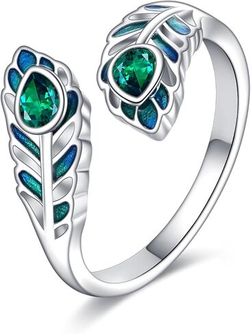 AOBOCO Peacock Feather Ring Sterling Silver Adjustable Feather Ring for Women with Emerald Feathers Jewelry Christmas Birthday Gifts in Saudi Arabia