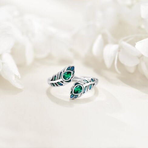 AOBOCO Peacock Feather Ring Sterling Silver Adjustable Feather Ring for Women with Emerald Feathers Jewelry Christmas Birthday Gifts in Saudi Arabia