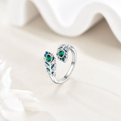 AOBOCO Peacock Feather Ring Sterling Silver Adjustable Feather Ring for Women with Emerald Feathers Jewelry Christmas Birthday Gifts in Saudi Arabia