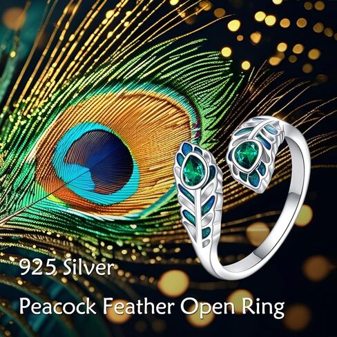 AOBOCO Peacock Feather Ring Sterling Silver Adjustable Feather Ring for Women with Emerald Feathers Jewelry Christmas Birthday Gifts in Saudi Arabia