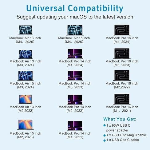Mac Book Pro Charger 96W / 70W USB-C to Mag 3 Power Adapter for Mac Book Pro/Air 15,14,13 Inch M2/M1（not for M3 ） from 2023,2022,2021 Fit All USB C Device Include 6.6ft USBC to Mag 3 Cable in Kuwait