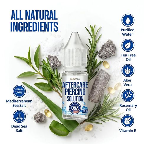 BodyJ4You Piercing Aftercare Saline Cleaning Solution - Nose Belly Ear Piercing Cleaner - Wound Wash Keloid Treatment Piercing Bump Removal - Sea Salt Aloe Rosemary - 0.33 Fl Oz (10ml) in Kuwait
