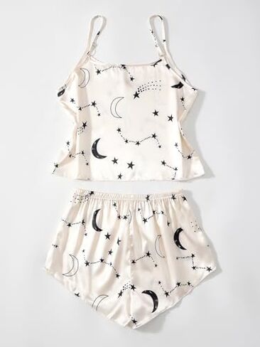 Women's Silk Pajamas Set Cream Moon and Star Print Soft Breathable Sleepwear in Saudi Arabia