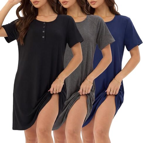 3 Pack Nightgowns for Women Short Sleeve Sleep Shirt Soft Nightshirt Pajamas Dress Casual Sleepwear with Pockets in Saudi Arabia