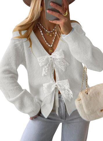 Cakulo Womens Bow Tie Sweater V Neck Cardigan Sweaters Lightweight Fall Fashion Knit Cardigans Winter Clothes 2025 White M in Kuwait