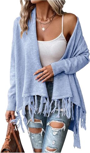 Women's Fringe Wrap Cardigan Western Boho Cowl Neck Long Sleeve Poncho Sweater Outerwear in Saudi Arabia