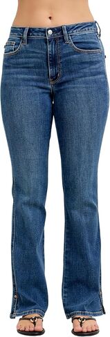 Judy Blue Mid Rise Bootcut Jeans with Side Slit and Cell Phone Pocket, Inseam 32" Blue. in Saudi Arabia