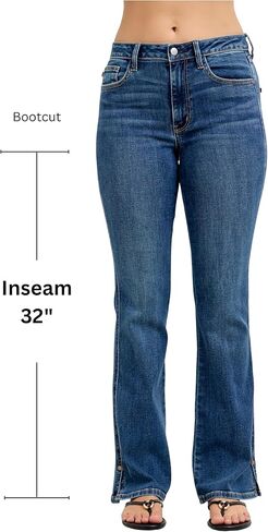 Judy Blue Mid Rise Bootcut Jeans with Side Slit and Cell Phone Pocket, Inseam 32" Blue. in Saudi Arabia