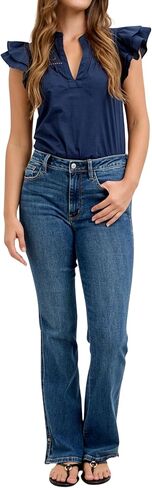 Judy Blue Mid Rise Bootcut Jeans with Side Slit and Cell Phone Pocket, Inseam 32" Blue. in Saudi Arabia