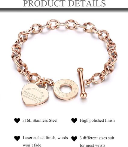 ALEXTINA Dainty Heart Charm Bracelets Stainless Steel Oval Link Chain Wristband Gift for Mom Women Toggle Clasp in Kuwait