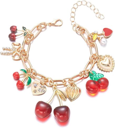 Y2k Cherry Charm Bracelets for Women Gold Chunky 3D Fruit Cartoon Cherry Bow Heart Punk Statement Bracelets Christmas Jewelry in Kuwait