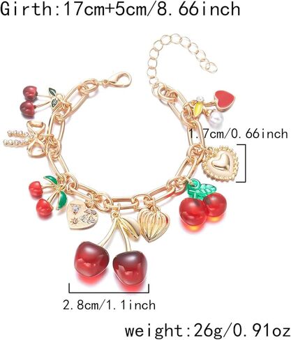 Y2k Cherry Charm Bracelets for Women Gold Chunky 3D Fruit Cartoon Cherry Bow Heart Punk Statement Bracelets Christmas Jewelry in Kuwait