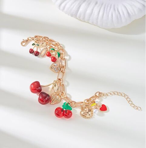 Y2k Cherry Charm Bracelets for Women Gold Chunky 3D Fruit Cartoon Cherry Bow Heart Punk Statement Bracelets Christmas Jewelry in Kuwait