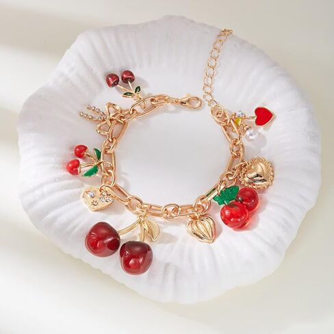 Y2k Cherry Charm Bracelets for Women Gold Chunky 3D Fruit Cartoon Cherry Bow Heart Punk Statement Bracelets Christmas Jewelry in Kuwait