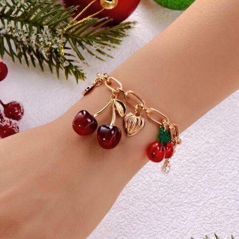 Y2k Cherry Charm Bracelets for Women Gold Chunky 3D Fruit Cartoon Cherry Bow Heart Punk Statement Bracelets Christmas Jewelry in Kuwait