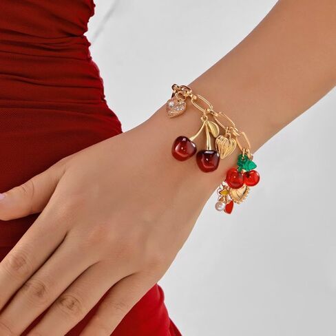 Y2k Cherry Charm Bracelets for Women Gold Chunky 3D Fruit Cartoon Cherry Bow Heart Punk Statement Bracelets Christmas Jewelry in Kuwait