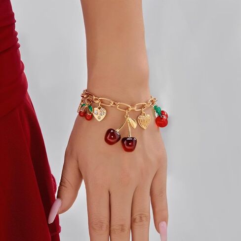 Y2k Cherry Charm Bracelets for Women Gold Chunky 3D Fruit Cartoon Cherry Bow Heart Punk Statement Bracelets Christmas Jewelry in Kuwait