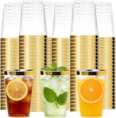 Tebery 100 Pack Gold Rimmed Plastic Cups, 12oz Clear Plastic Wedding Cups for Reception, Sturdy Disposable Elegant Party Tumblers Cups for Picnic, BBQ, Travel, Christmas, Events in Kuwait