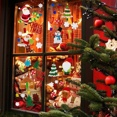 6 Sheet Christmas Window Clings Gel,Snowman,Gingerbread Man,Christmas Tree, Santa Claus, Snowflakes, Christmas Stickers for Glass Windows, Window Clings Christmas Decorations in Kuwait
