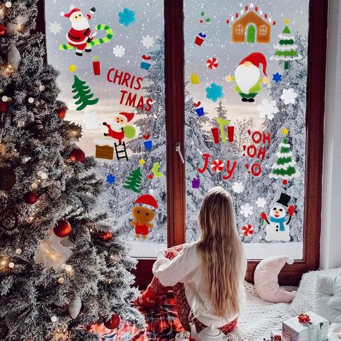 6 Sheet Christmas Window Clings Gel,Snowman,Gingerbread Man,Christmas Tree, Santa Claus, Snowflakes, Christmas Stickers for Glass Windows, Window Clings Christmas Decorations in Kuwait