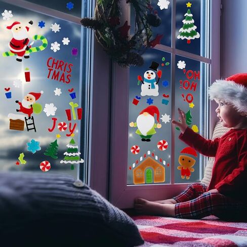 6 Sheet Christmas Window Clings Gel,Snowman,Gingerbread Man,Christmas Tree, Santa Claus, Snowflakes, Christmas Stickers for Glass Windows, Window Clings Christmas Decorations in Kuwait