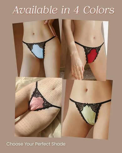22 Momme 100% Mulberry Silk Thong for Women - Shiny Silk G-String Panties, Sexy Lace Trim T-back in Saudi Arabia