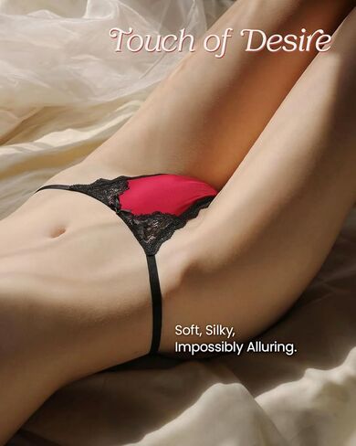 22 Momme 100% Mulberry Silk Thong for Women - Shiny Silk G-String Panties, Sexy Lace Trim T-back in Saudi Arabia