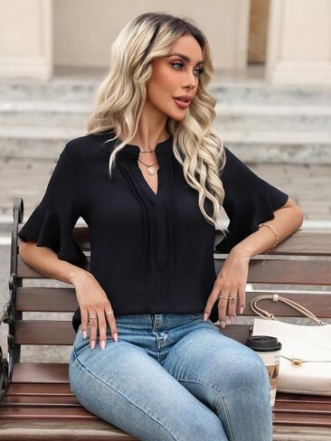 بلوزة نسائية شيفون بأكمام مكشكشة ورقبة على شكل حرف V - بلوزة صيفية خفيفة الوزن للعمل أو الملابس غير الرسمية in Kuwait