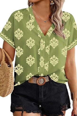 Eytino Women Plus Size Dressy Tops Summer V Neck Short Sleeve Loose Casual Boho Floral Print Shirts Blouses,5X Green in Saudi Arabia