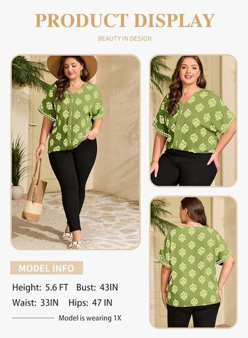 Eytino Women Plus Size Dressy Tops Summer V Neck Short Sleeve Loose Casual Boho Floral Print Shirts Blouses,5X Green in Saudi Arabia