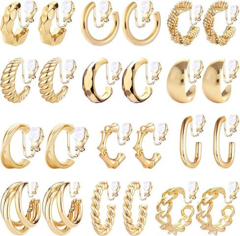 NEWITIN 12 Pairs Gold Clip On Hoop Earrings for Women Retro Chunky Hoop Earring Multiple No Piercing Fake Earring Clip On Earrings for Women in Saudi Arabia