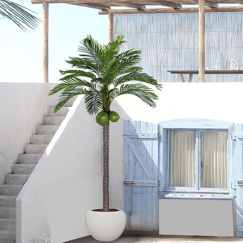 Artificial Phoenix Palm Tree 10FT with 24 Leaves & 3 Coconut Fruit & Real Bark Tropical Areca Sago Palm Tall Large Faux Plant 120 Inch Black Pot for Indoor Outdoor Home Office Poolside Decor in Kuwait