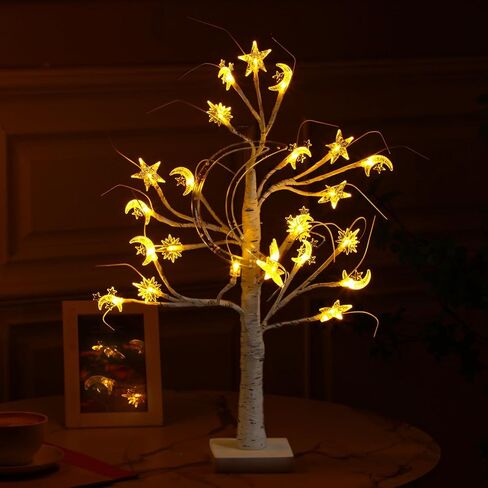 Ramadan Lighted Star Moon Birch Tree with LED Lights USB Battery Powered Artificial Tree for Decoration Indoor for Eid Decorations Home Ramadan Parties, 2 Ft, 24 LED in Kuwait