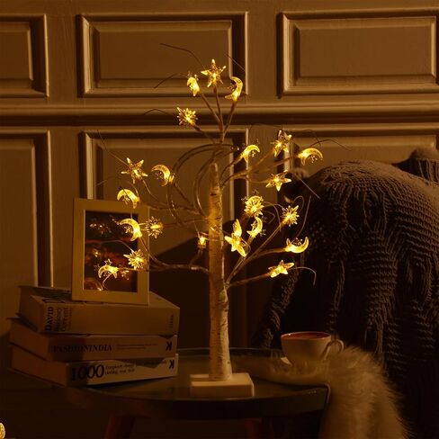 Ramadan Lighted Star Moon Birch Tree with LED Lights USB Battery Powered Artificial Tree for Decoration Indoor for Eid Decorations Home Ramadan Parties, 2 Ft, 24 LED in Kuwait