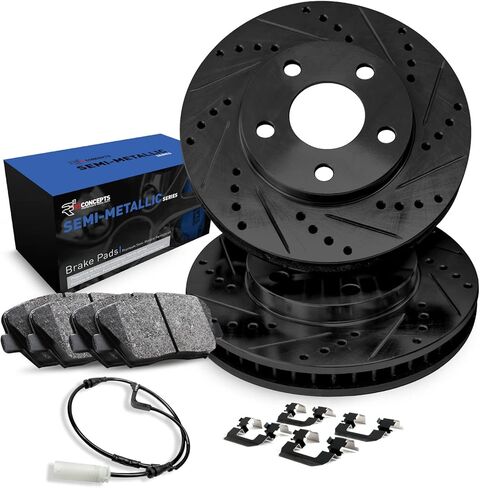 R1 Concepts Front Brake Kit For 2011-2016 BMW 528i| Drilled Slotted Brake Rotors| Semi-Metallic Brake Pads and Rotors Kit| Hardware, Sensor included in Saudi Arabia