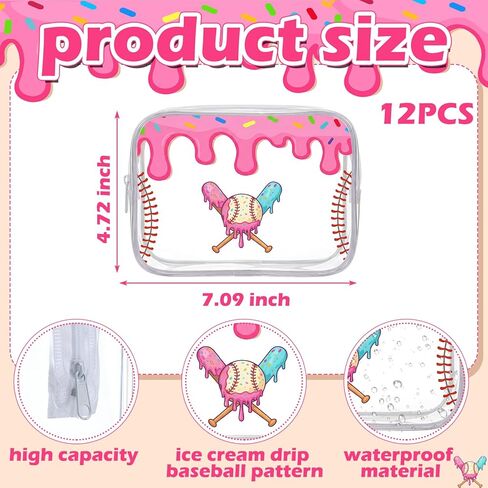 12 Pcs Ice Cream Drip Baseball Snack Bags for Team Gifts 7 x 4.7 x 2.4'' Goodie Treat Candy Pouch Bags PVC Clear Waterproof with Zipper Party Favors for Travel Birthday Gifts Sport Supplies in Kuwait