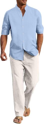Mens Linen Suit 2 Pieces Casual Long Sleeve Henley Shirts Beach Yoga Pants Cotton Linen Set Summer Vacation Outfits in Saudi Arabia