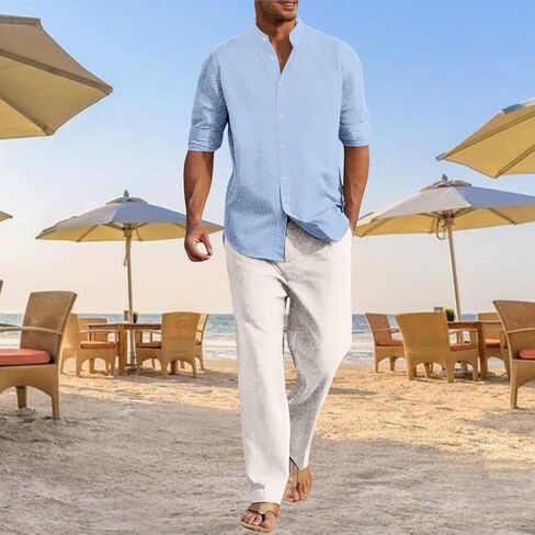Mens Linen Suit 2 Pieces Casual Long Sleeve Henley Shirts Beach Yoga Pants Cotton Linen Set Summer Vacation Outfits in Saudi Arabia