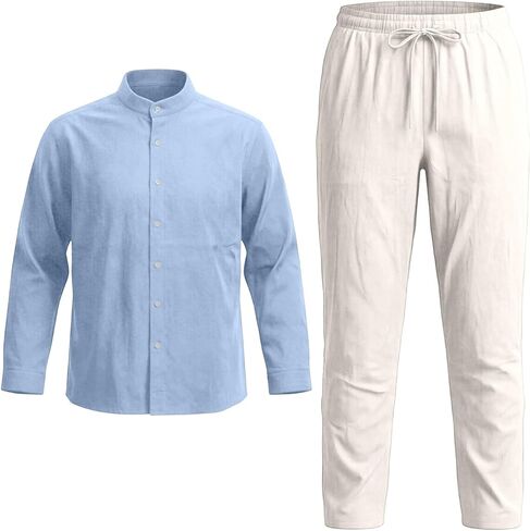 Mens Linen Suit 2 Pieces Casual Long Sleeve Henley Shirts Beach Yoga Pants Cotton Linen Set Summer Vacation Outfits in Saudi Arabia