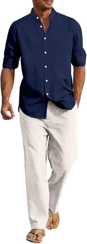 Mens Linen Suit 2 Pieces Casual Long Sleeve Henley Shirts Beach Yoga Pants Cotton Linen Set Summer Vacation Outfits in Saudi Arabia